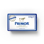 Pacote de manteiga Primor com sal, 250g, desde 1947, sabor tradicional.