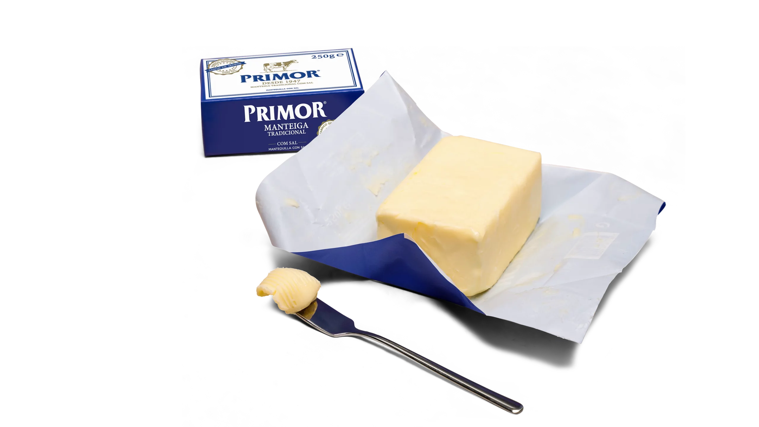 Manteiga Primor Tradicional 250g com sal aberta.